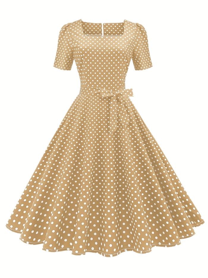 Polka Dot Bow Front Dress, Vintage Elegant Square Neck Short Sleeve Dress, Women's Clothing