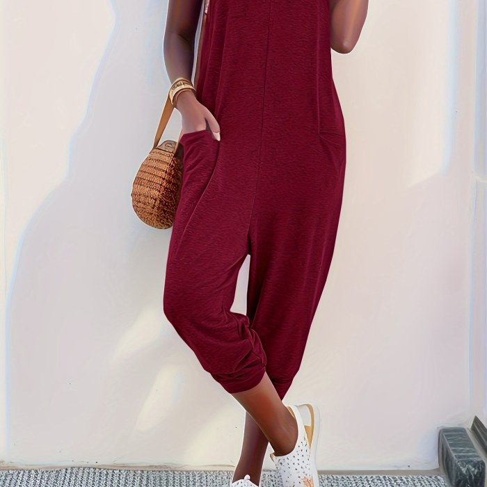Solid Patched Pockets Overall Jumpsuit, Versatile V-neck Overall Jumpsuit For Spring & Summer, Women's Clothing
