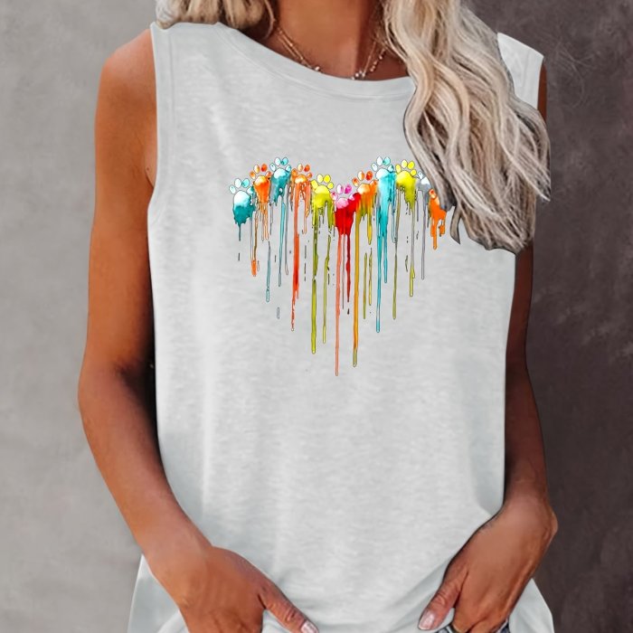 Colorful Paw Print Crew Neck Tank Top, Casual Sleeveless Top For Summer, Women's Clothing