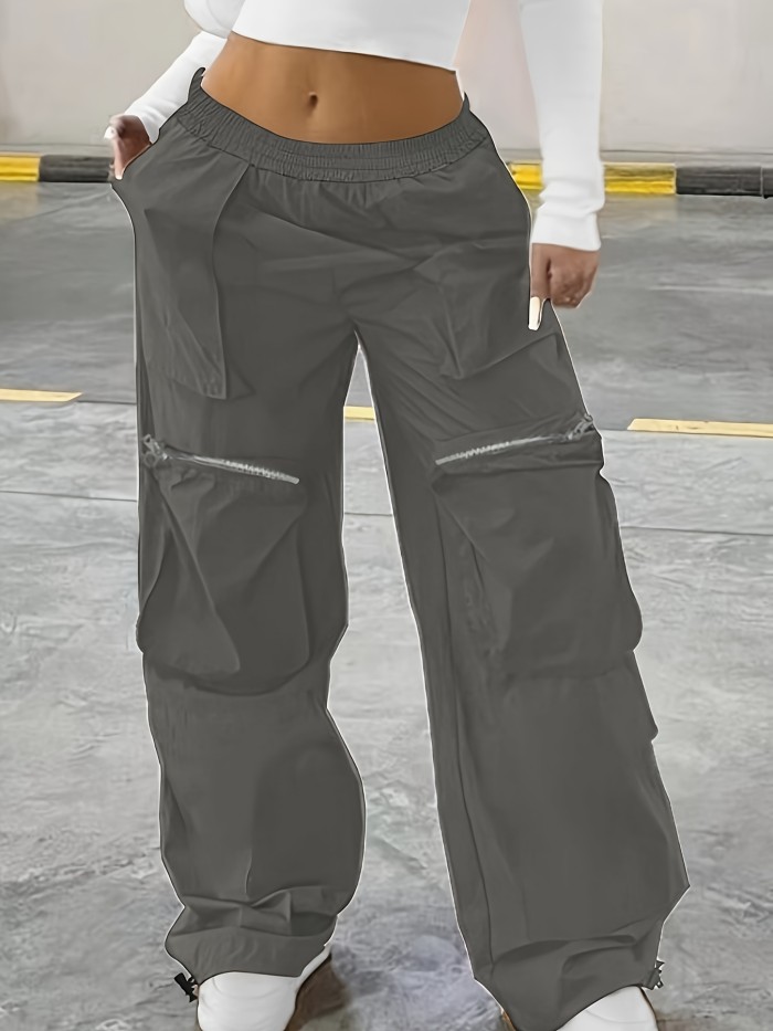 Plus Size Casual Solid Pants, Women's Plus Elastic High Rise Medium Stretch Wide Leg Cargo Trousers With Pockets