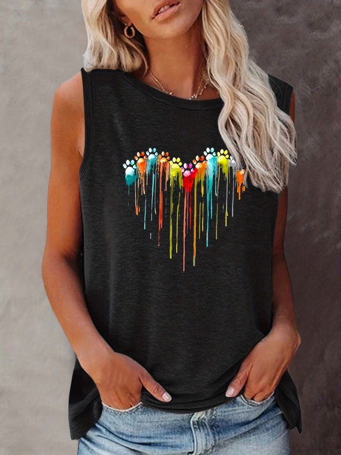 Colorful Paw Print Crew Neck Tank Top, Casual Sleeveless Top For Summer, Women's Clothing
