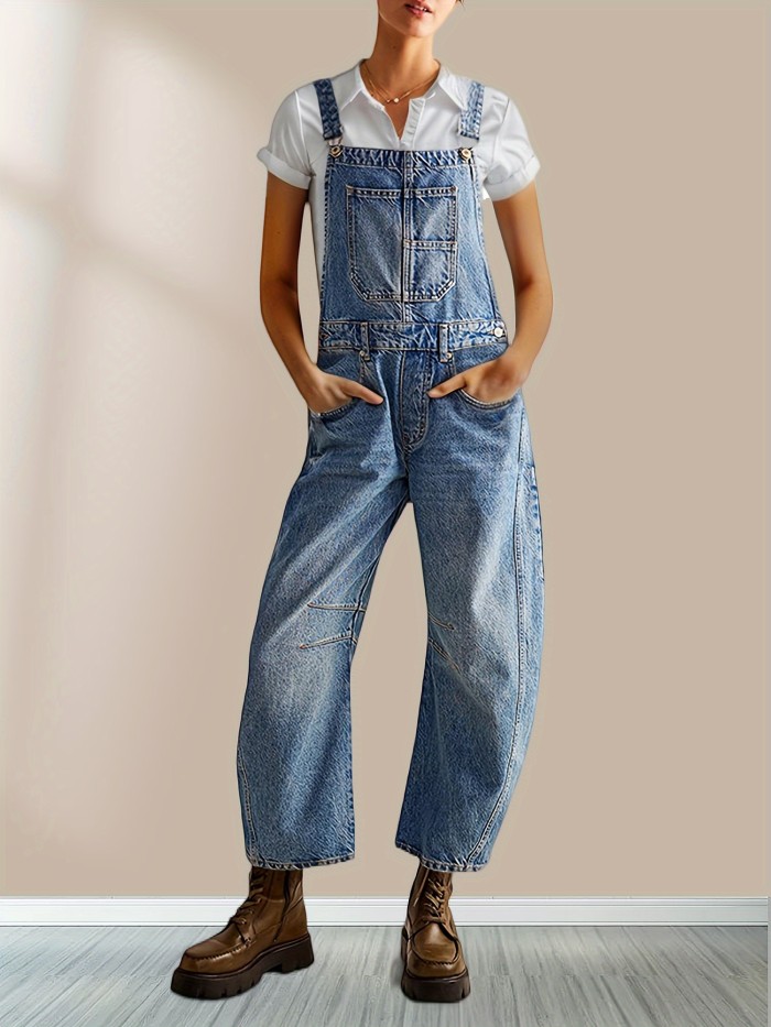 Solid Adjustable Strap Overall Jumpsuit, Casual With Pockets Sleeveless Overall Jumpsuit For Spring & Summer, Women's Clothing