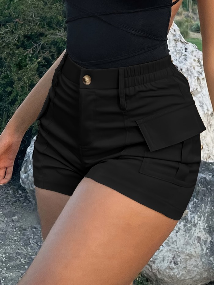 Flap Pocket High Waist Cargo Shorts, Vacation Fashion Shorts For Spring & Summer, Women's Clothing