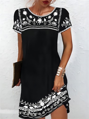 Vibrant Tropical Print Short Sleeve A-line Bodycon Dress - Soft Micro Elasticity Polyester Fabric, Crew Neck, Above Knee Length, Machine Washable - Perfect for Spring and Summer, Womens Casual Clothing
