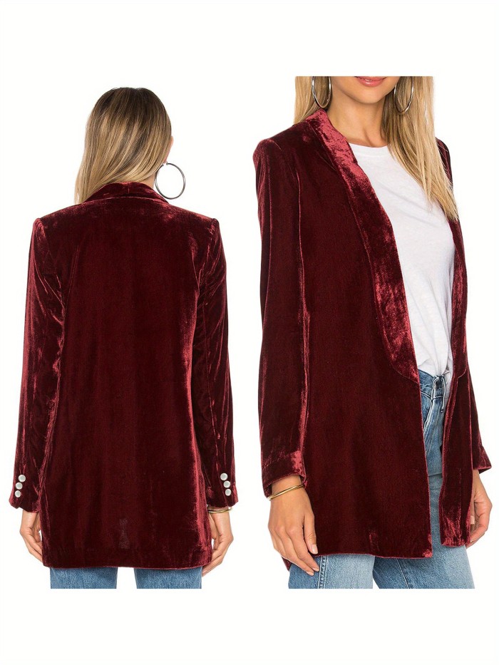 Women Casual Pleuche Blazer, Adults Open Front Solid Color Long Sleeve Lapel Suit Jacket