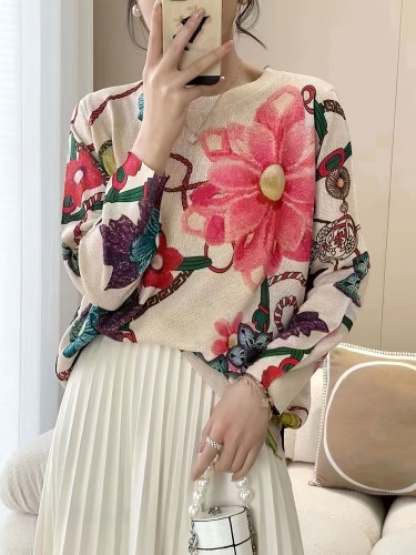 Floral Pattern Crew Neck Knit Sweater, Vintage Long Sleeve Loose Sweater, Women's Clothing