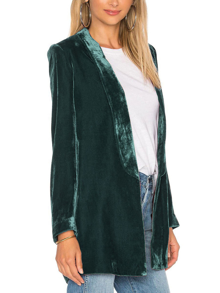 Women Casual Pleuche Blazer, Adults Open Front Solid Color Long Sleeve Lapel Suit Jacket