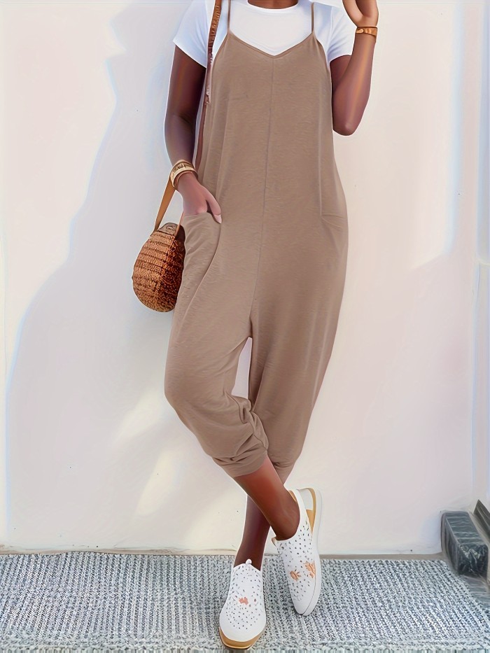 Solid Patched Pockets Overall Jumpsuit, Versatile V-neck Overall Jumpsuit For Spring & Summer, Women's Clothing