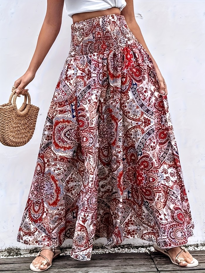 Floral Print Wide Leg Pants, Boho Shirred Waist Floor Length Pants For Spring & Summer, Women's Clothing