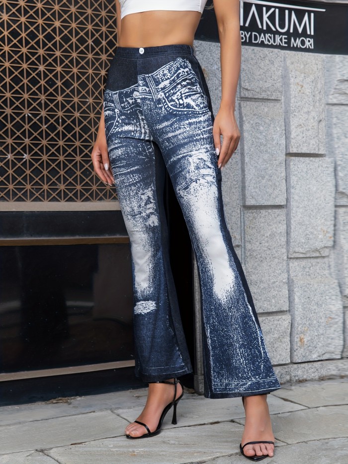 Faux Denim Print Flare Casual Pants, Fitness Sports Yoga Bell Bottom Pants, Women's Activewear