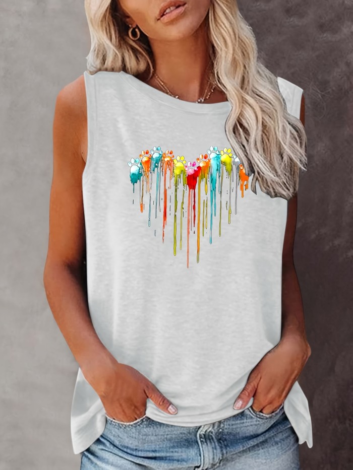 Colorful Paw Print Crew Neck Tank Top, Casual Sleeveless Top For Summer, Women's Clothing