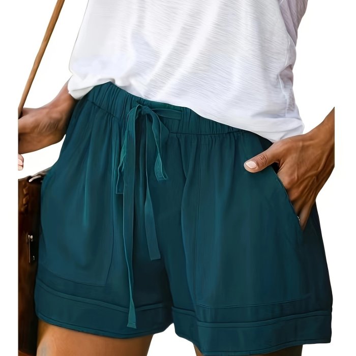 Drawstring Elastic Waist Shorts, Casual Comfortable Shorts With Pockets For Summer, Women's Clothing