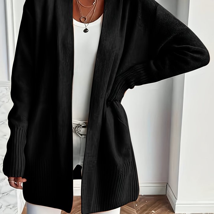 Solid Open Front Knit Cardigan, Casual Long Sleeve Loose Sweater With Pocket, Women's Clothing