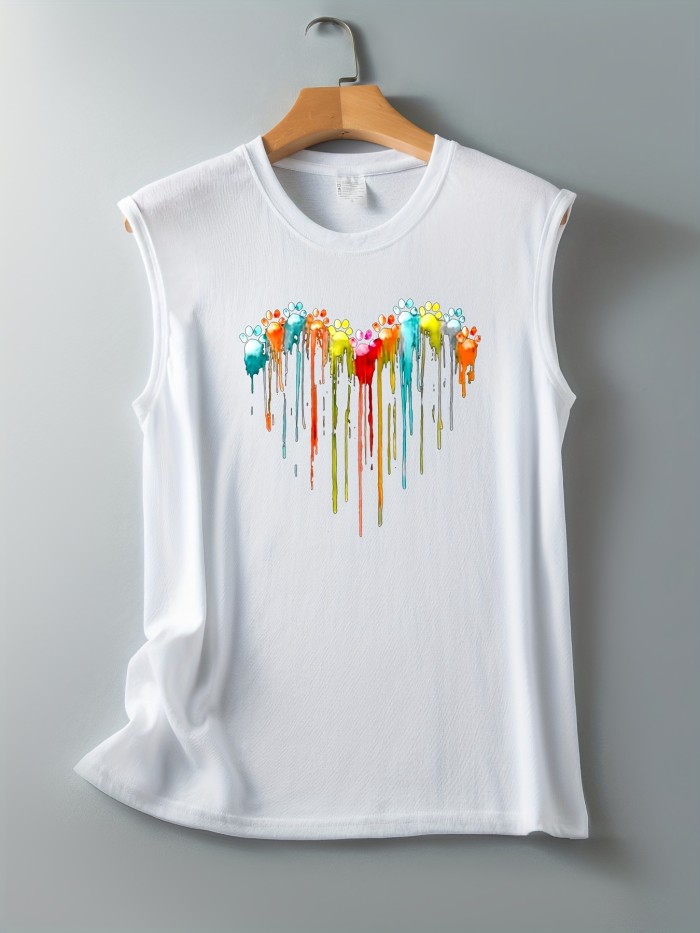 Colorful Paw Print Crew Neck Tank Top, Casual Sleeveless Top For Summer, Women's Clothing
