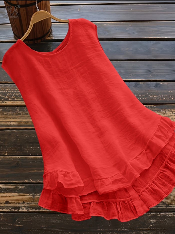 Solid Color Button Back Blouse, Elegant Crew Neck Ruffle Trim Sleeveless Blouse, Women's Clothing