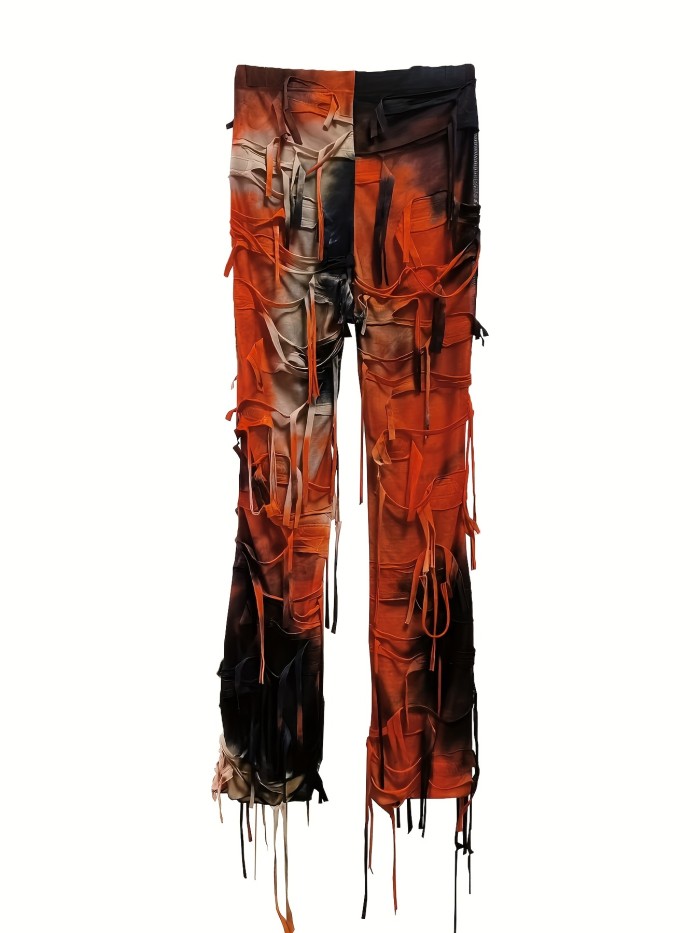 Tie Dye Print Flare Leg Pants, Y2K High Waist Skinny Tassel Mesh Pants For Fall & Winter, Women's Clothing