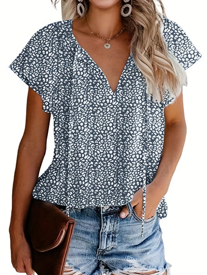 V Neck Flutter Sleeve Blouse, Loose Casual Top For Summer & Spring, Women's Clothing