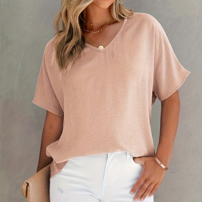 Solid Versatile Blouse, Casual V Neck Short Sleeve Blouse, Women's Clothing