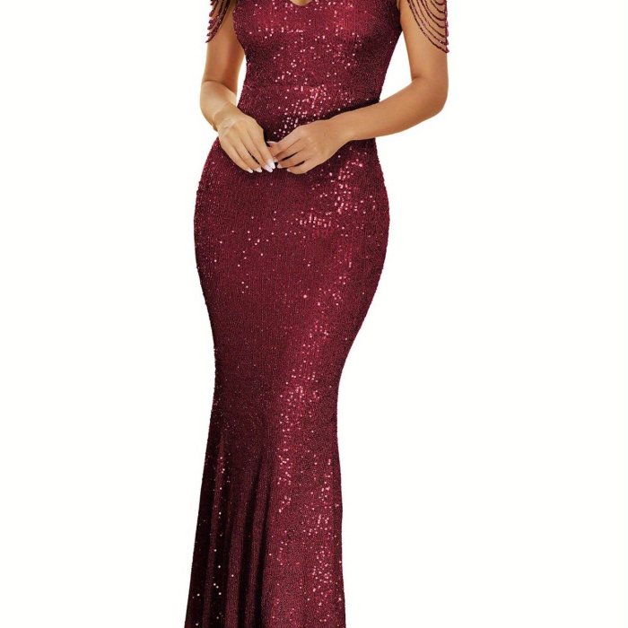 Women's V Neck Short Sleeve Sequin Bridesmaid Dress Gown Evening Party Dress