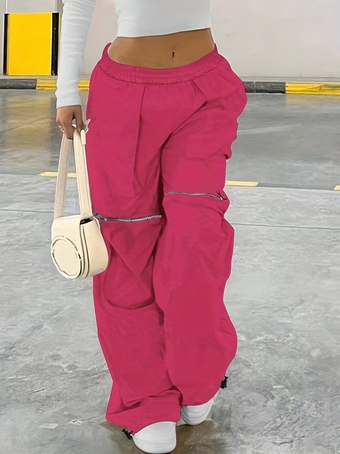 Plus Size Casual Solid Pants, Women's Plus Elastic High Rise Medium Stretch Wide Leg Cargo Trousers With Pockets
