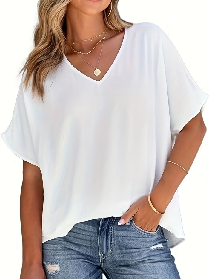 Solid Versatile Blouse, Casual V Neck Short Sleeve Blouse, Women's Clothing