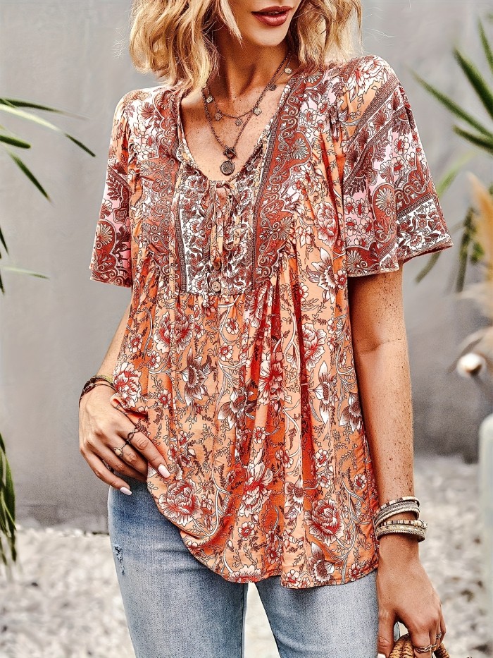 Vibrant Floral Print V-Neck Relaxed Fit Blouse - Soft Micro Elastic Polyester, Machine Washable, Casual Short Sleeve Shirt for Spring & Summer - Womens Vacation Clothing, Customized Style