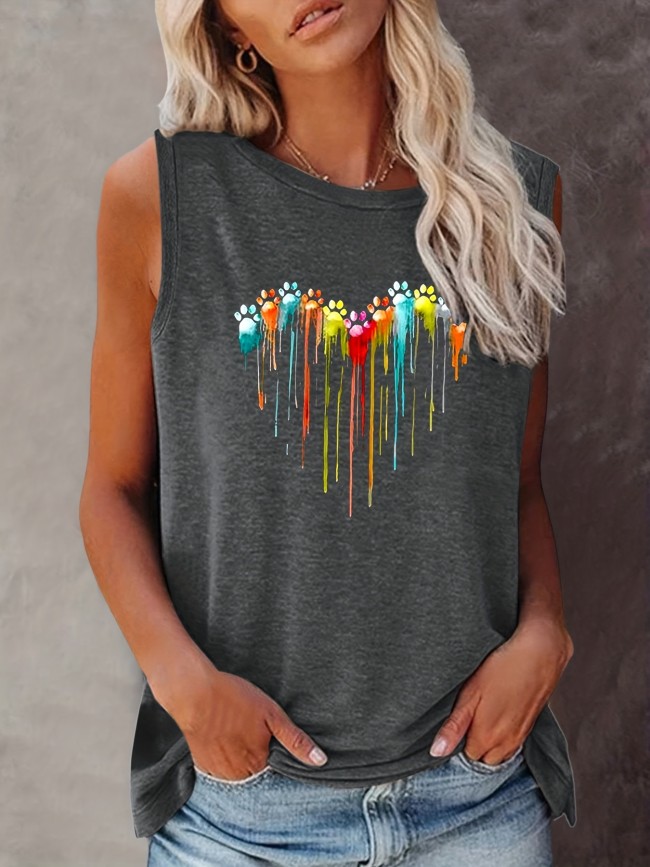 Colorful Paw Print Crew Neck Tank Top, Casual Sleeveless Top For Summer, Women's Clothing