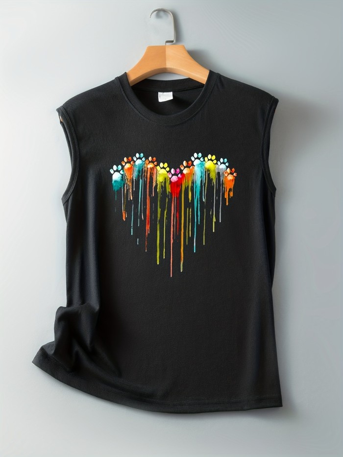 Colorful Paw Print Crew Neck Tank Top, Casual Sleeveless Top For Summer, Women's Clothing