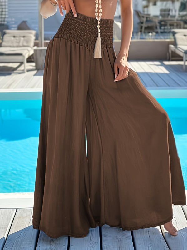 Solid Flowy Wide Leg Pants, Casual Shirred Waist Floor Length Vacation Pants, Women's Clothing