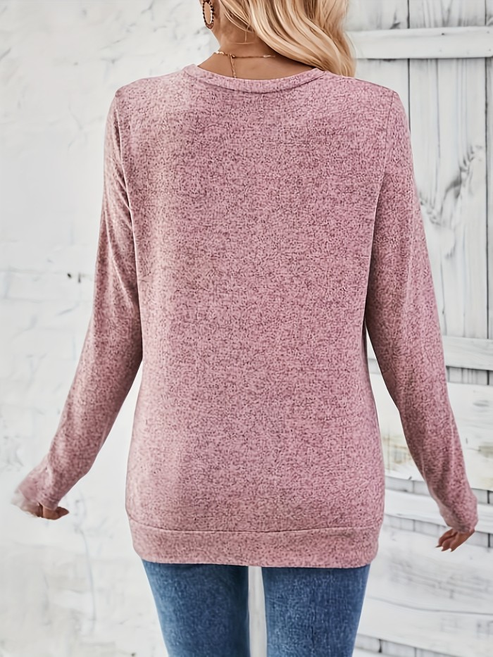 Button Decor Ruched T-Shirt, Casual Long Sleeve Top For Spring & Fall, Women's Clothing