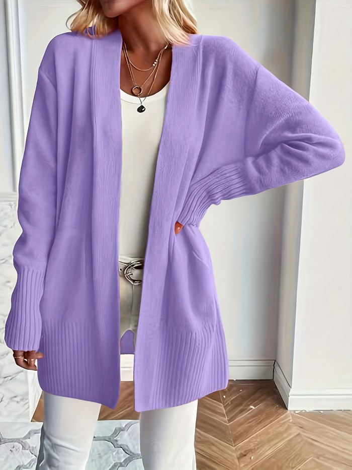 Solid Open Front Knit Cardigan, Casual Long Sleeve Loose Sweater With Pocket, Women's Clothing