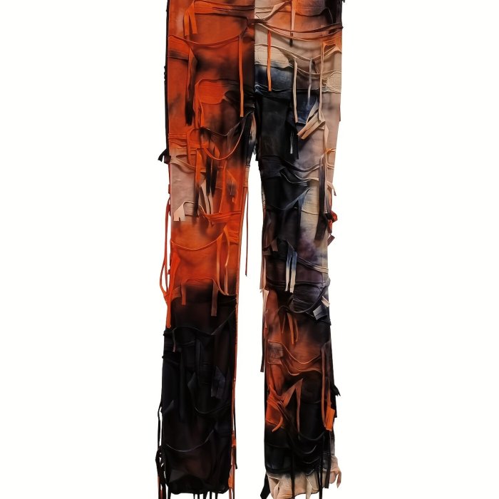 Tie Dye Print Flare Leg Pants, Y2K High Waist Skinny Tassel Mesh Pants For Fall & Winter, Women's Clothing