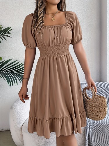 Solid Puff Sleeve Square Neck Waist Dress, Elegant Ruched Bust Ruffle Hem Dress, Women's Clothing Wedding graduation engagement occasion ceremony party holiday vacation birthday