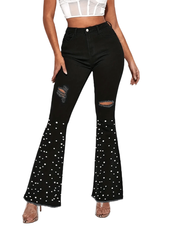 Faux Pearl Beaded Ripped Flare Leg Jeans, High Rise Black Raw Hem Bell Bottoms Denim Pants, Vintage & Elegant Style, Women's Denim Jeans & Clothing