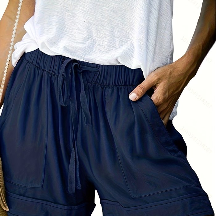 Drawstring Elastic Waist Shorts, Casual Comfortable Shorts With Pockets For Summer, Women's Clothing