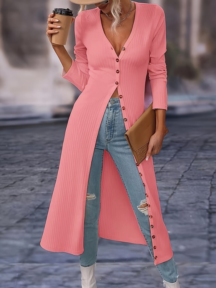 Solid Button Front Knitted Cardigan, Casual Long Sleeve Sweater Cardigan, Women's Clothing