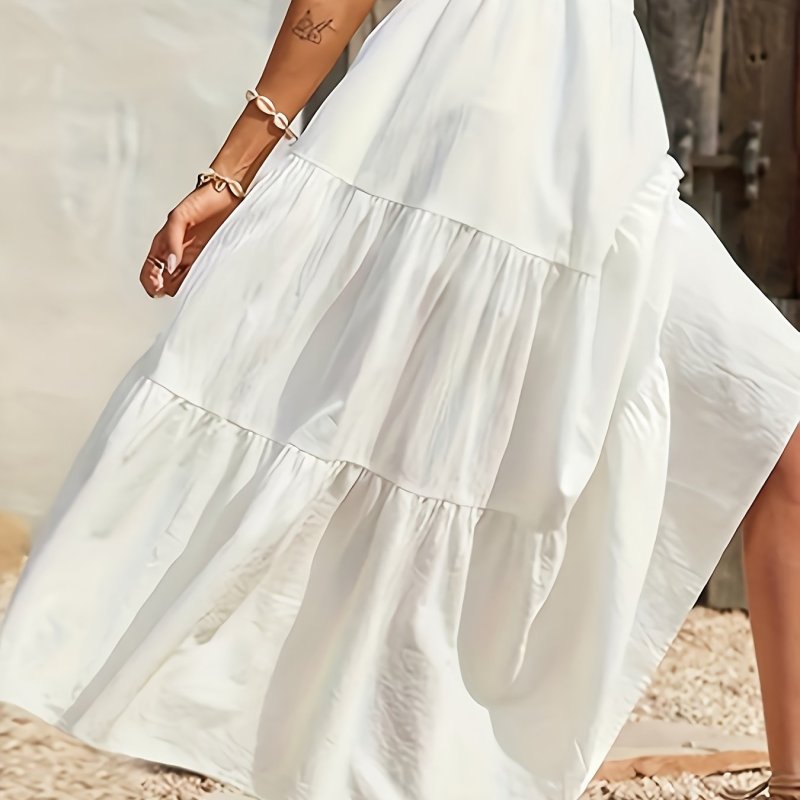 Solid Color Tiered Skirt, Casual Elastic Waist Skirt For Spring & Fall, Women's Clothing