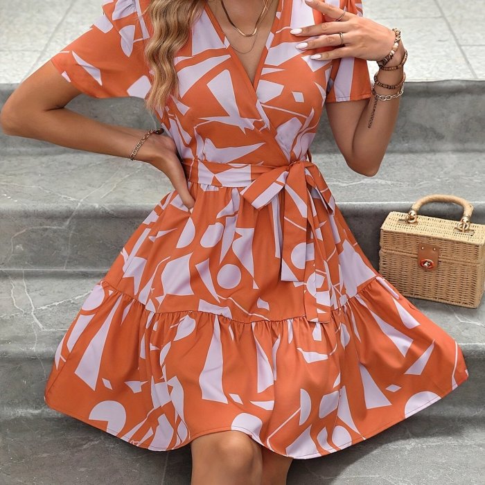 Floral Print Surplice Neck Dress, Elegant Short Sleeve Belted Dress For Spring & Summer, Women's Clothing For Elegant Dressing