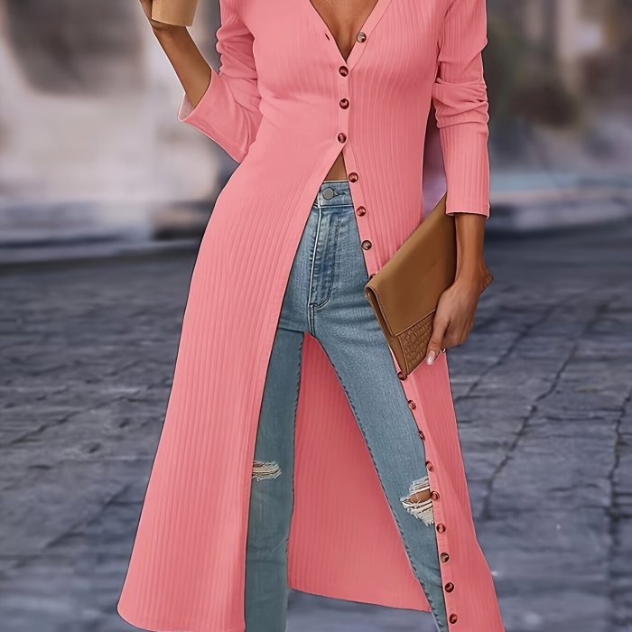 Solid Button Front Knitted Cardigan, Casual Long Sleeve Sweater Cardigan, Women's Clothing