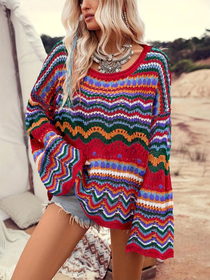 Hollow Out Loose Crew Neck Sweater, Casual Long Sleeve Colorblock Sweater, Women's Clothing