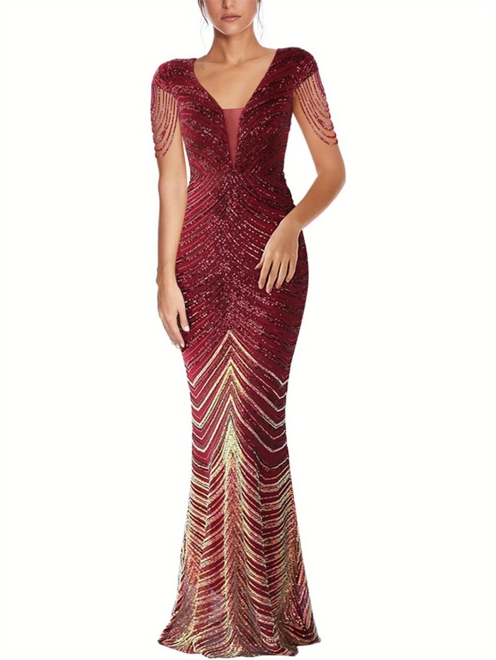 Women's V Neck Short Sleeve Sequin Bridesmaid Dress Gown Evening Party Dress