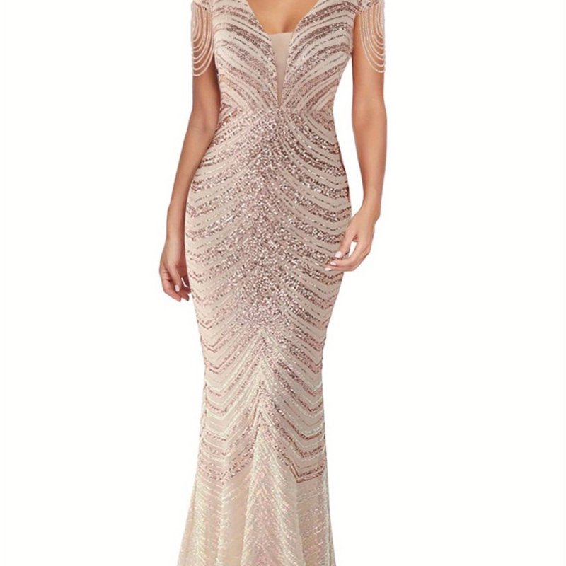 Women's V Neck Short Sleeve Sequin Bridesmaid Dress Gown Evening Party Dress