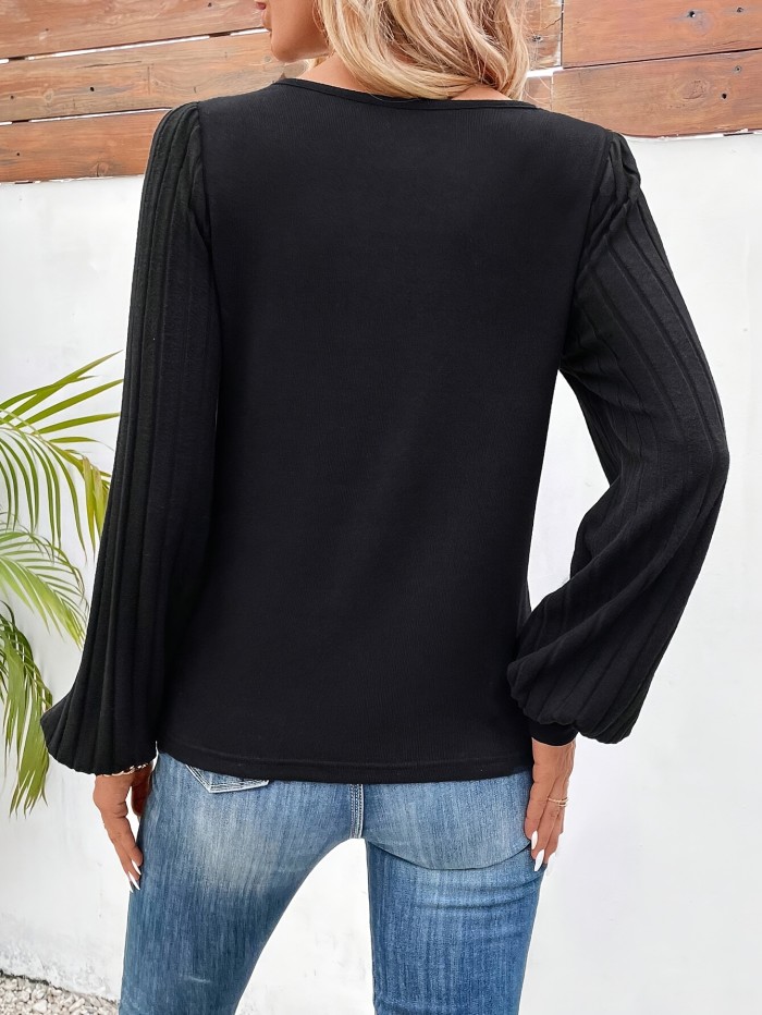 Solid Color V Neck Ribbed T-Shirt, Casual Lantern Sleeve T-Shirt For Spring & Fall, Women's Clothing
