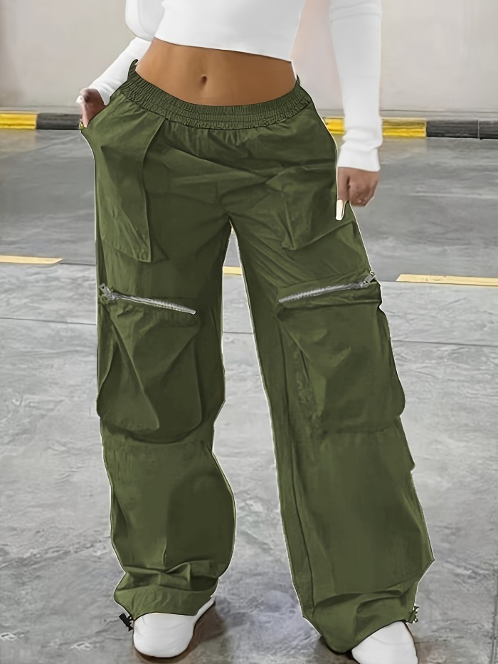 Plus Size Casual Solid Pants, Women's Plus Elastic High Rise Medium Stretch Wide Leg Cargo Trousers With Pockets