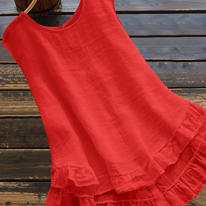 Solid Color Button Back Blouse, Elegant Crew Neck Ruffle Trim Sleeveless Blouse, Women's Clothing