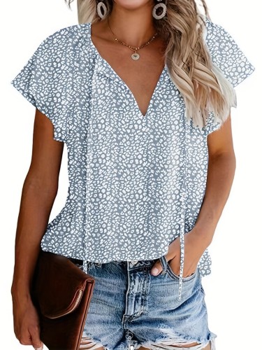 V Neck Flutter Sleeve Blouse, Loose Casual Top For Summer & Spring, Women's Clothing