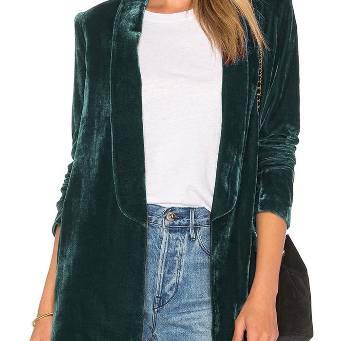 Women Casual Pleuche Blazer, Adults Open Front Solid Color Long Sleeve Lapel Suit Jacket