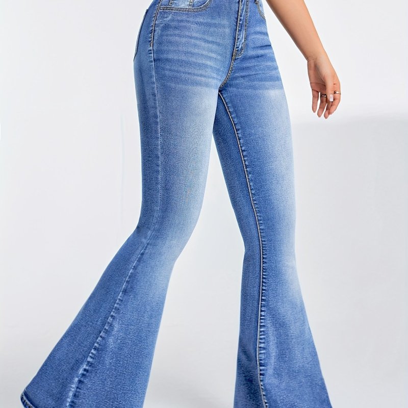 High-Waisted Flare Leg Jeans - Soft High Stretch Preppy Denim Pants with Slash Pockets, Long Length, Button Fly Closure, Machine Washable, Weekend Casual Wear for Slim Fit Women