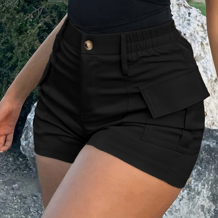 Flap Pocket High Waist Cargo Shorts, Vacation Fashion Shorts For Spring & Summer, Women's Clothing