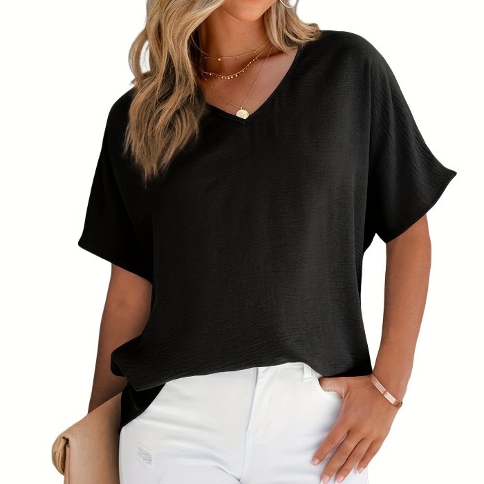 Solid Versatile Blouse, Casual V Neck Short Sleeve Blouse, Women's Clothing